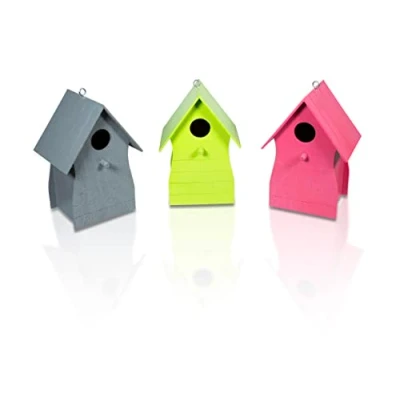 Image of St Helens Home and Garden Coloured Wood Bird House Nesting Box for Small Wild Birds Set of 3