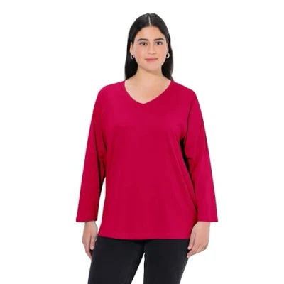 Image of Ulla Popken Women&#039;s Basic V Shirt, Long Sleeves Longsleeve T, red, 24 26