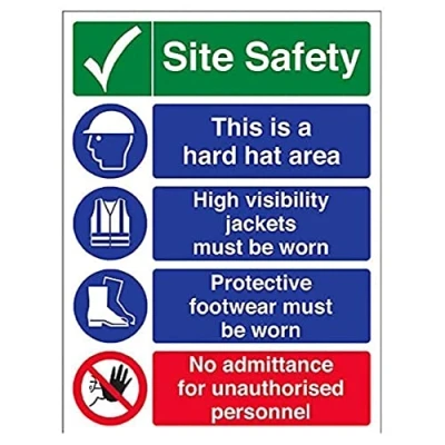Image of V Safety 6C023BC R Multi Hazard Site No Admittance Warning Sign Portrait 300mm x 400mm 1mm Rigid Plastic, Black/Blue/Green/Red