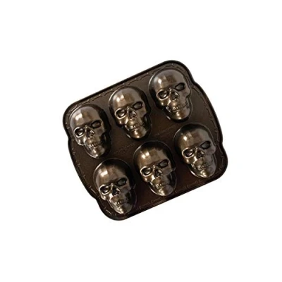 Image of Nordic Ware Skull Cakelet Pan, 3D Cast Aluminium Bundt Tin, Cake Tin with Pattern, Mould, Bronze