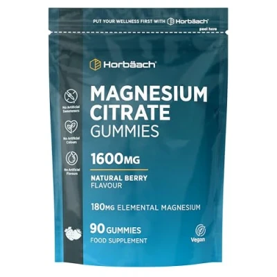 Image of Magnesium Gummies 1300mg 180mg Elemental &amp; 24mg Vitamin C Strawberry Flavoured Supplement for Women Men 60 Vegan by Horbaach
