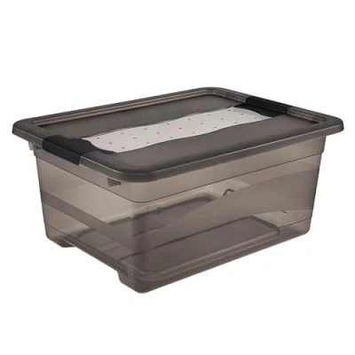 Image of keeeper Storage Box with Lid and Sliding Closing Mechanism, 12 L, Transparent, Crystal Grey