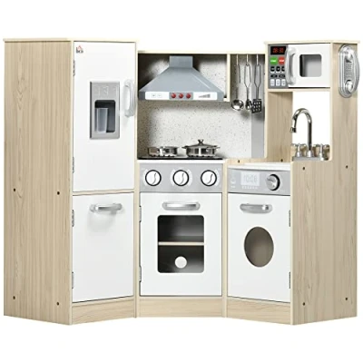 Image of HOMCOM Kids Kitchen Playset Pretend Toy w/Role Play Accessories, Sound and Light Effects, Phone, Storage Space