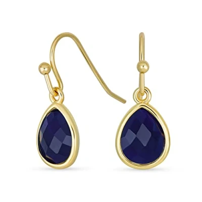 Image of Delicate Fine Gemstone Howlite Dumortierite Dark Navy Blue Faceted Briolette Teardrop Pear Shaped Drop French Wire Fish Hook Earrings For Women Yellow Gold Plated