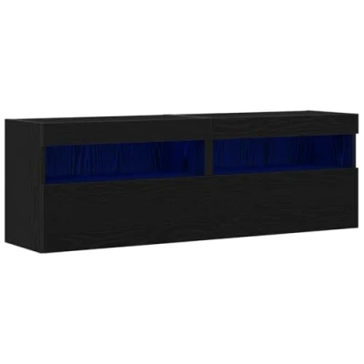 Image of vidaXL Black Oak TV Wall Cabinet Mounted Media Stand with LED Lighting Engineered Wood Living Room Entertainment Centre Space Saving Storage Solution