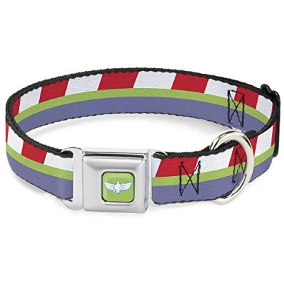 Image of Dog Collar Seatbelt Buckle Toy Story Buzz Lightyear Bounding Stripe Red Green Purple 15 to 26 Inches 1.0 Inch Wide