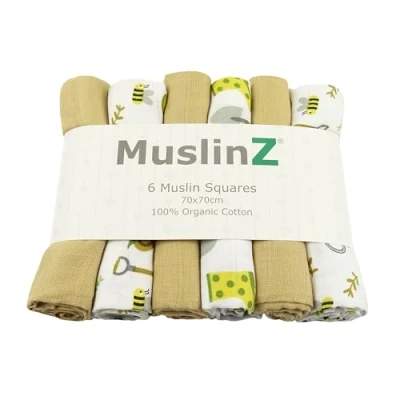 Image of MuslinZ 6pk Baby Muslin Squares, Burp Cloths, Cloths for Baby, Breastfeeding Cover, Nappy, large 70x70cm 100% Pure Cotton Absorbent &amp; Breathable (Garden Mix Organic)
