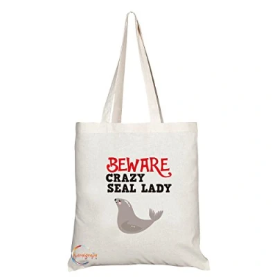 Image of Coralgraph Inc TB220 Beware Crazy Seal Lady Novelty Present Gift Printed Eco Friendly Stylish Long Handled Tote Shoulder Bag