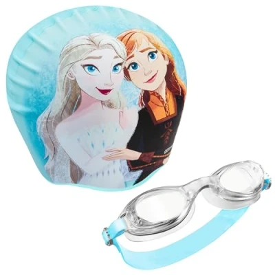 Image of Disney Children&#039;s Swimming Goggles and Cap Set Anti Fog UV Protection (Blue Frozen, 6 14 Years)