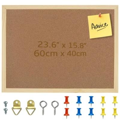 Image of OWLKELA 60X40cm Thicken Cork Board, Notice Pin Memo with 10 Pushpins and Hanging Rings Vision Bulletin Board for Office, Classroom or Home Classic Wooden Frame