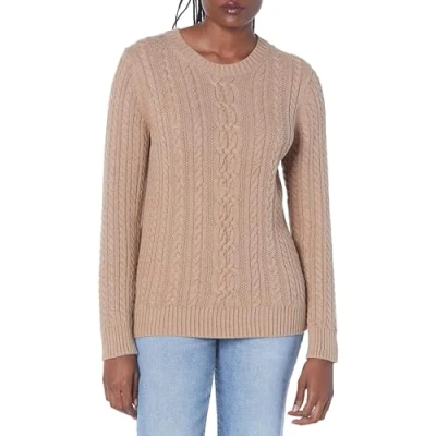 Image of Amazon Essentials Women&#039;s Fisherman Cable Long Sleeved Crewneck Sweater (Available in Plus Size), Camel Heather, S
