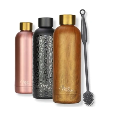 Image of Milu Stainless Steel Water Bottle 500ml 750ml 1L Vaccum Insulated Large Drink Flask Bottles Leakproof Keep Drinks Hot Cold for Bike Camping Sports Gym incl. Cleaning Brush (Wood, 750ml)