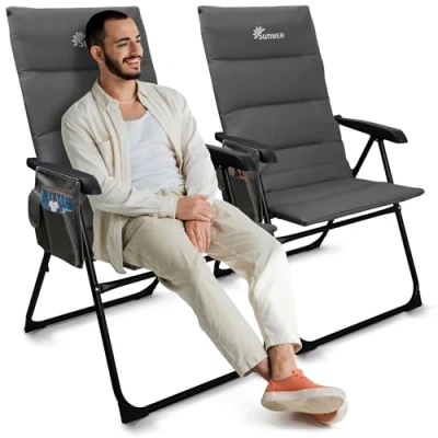 Image of SUNMER Luxury Padded High Back Camping Recliner Chair 5 Position Reclining Folding Deck Garden Fishing Set of 2, Grey