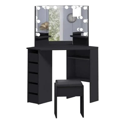 Image of Panana Corner Dressing Table with LED Light, Vanity 5 Drawers and Stool, Makeup for Home Furnature (Black bulb)