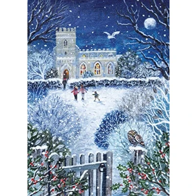 Image of Museums &amp; Galleries Pack of 8 Artistic Charity Christmas Cards &#039;Evening Song&#039; by Lucy Grossmith Stunning Snowy Church Scene With Owls 1 Design