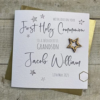 Image of WHITE COTTON CARDS PERSONALISED FIRST 1ST HOLY COMMUNION CARD. GRANDSON. ANY RELATION. SILVER WOODEN STAR DESIGN. Handmade (P22 67 GS &amp; XP22 GS)