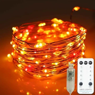Image of Qbis Fairy Lights, 100 Micro LED String Remote Control, USB Plug, Timer, Multi Function, Adjust Brightness, Lights (Red, Orange, Yellow)