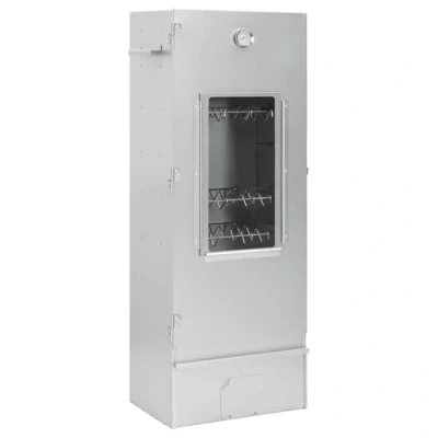 Image of &#039;vidaXL BBQ Oven Smoker with Wood Chips in Galvanized Steel Outdoor for Meat, Fish, Sausages Thermometer &amp; Glass Window, Silver