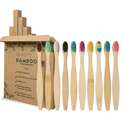 Image of GeekerChip Set of 10 Bamboo Toothbrush for Children, Colours Toothbrush, Soft Natural Bristles, Ecological and Biodegradable