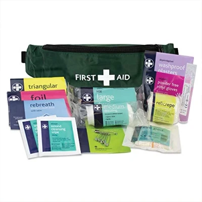 Image of Reliance Medical Playground First Aid Kit In Green Riga Bumbag, Ideal For Injuries And Typical School Ground Accidents Contains Bandages, Dressings, Eye Pads, Plasters, Wipes &amp; More