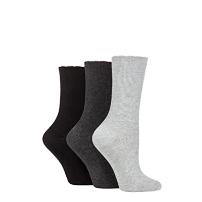 Image of Women&#039;s 3 Pair Elle Ribbed Bamboo Socks with Scallop Top Black / Charc Silver Grey 4 8 Ladies
