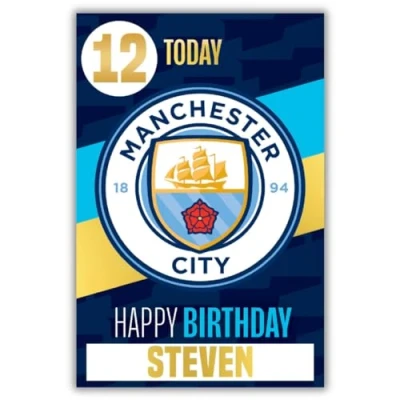 Image of Manchester City Football Club Birthday Card. Comes with Stickers to Personalise your Age and Name, Blue