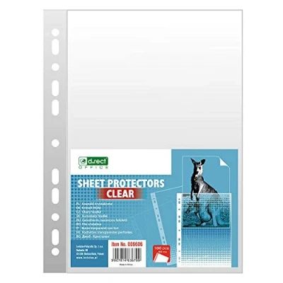 Image of D.RECT Punched Pockets A4 Format, 55 Micron Pack of 100 Units Transparent Smooth, Polypropylene Quality