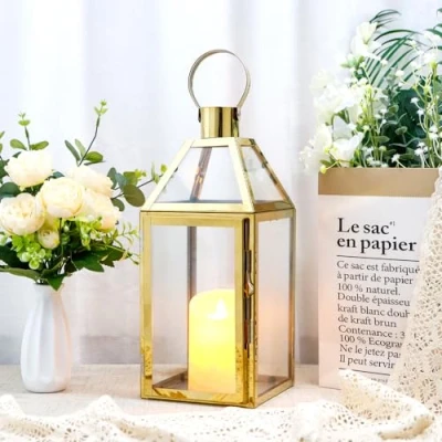 Image of JHY Design Gold Decorative Lanterns Stainless Steel Candle Lanterns, 34cm High Hanging Lantern Balcony Accessories for Candles Indoor Outdoor Parties Wedding Gift Garden Hallway Patio Living Room