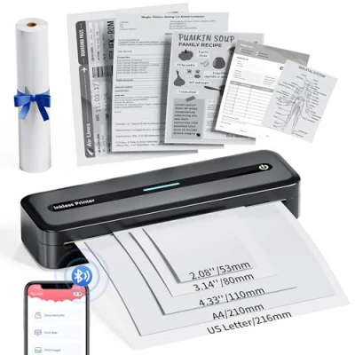 Image of COLORWING M832 Portable Thermal Printer,Wireless Inkless Printer A4 Compatible with Android &amp; iOS,No Ink for Travel,Tattoo,Invoice,Study,Home,Bluetooth Mobile Monochrome Printer,Black