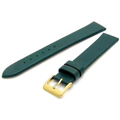 Image of Fine Calf Leather Watch Strap Band 16mm Extra Long XL Green with Gilt (Gold Colour) Buckle. Free Spring Bars (Watch Pins)