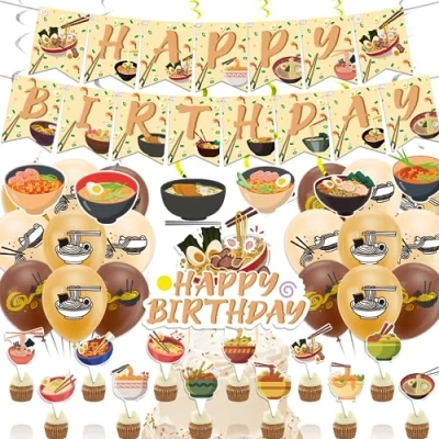 Image of Ramen Noodles Party Decorations Japenese Birthday Includes Banner Cake Topper Cupcake Toppers Balloons Spirals for Baby Shower Supplies