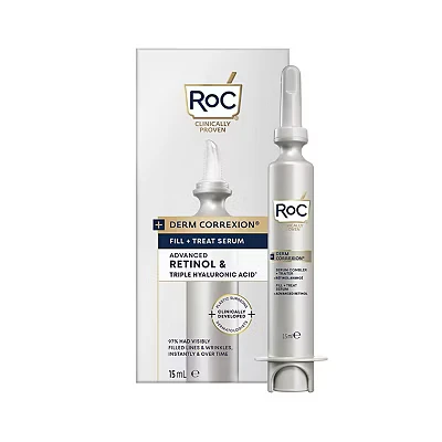 Image of RoC Derm Correxion Serum Fill + Treat for Face, Neck, &amp; Jawline, Wrinkle Filler, Advanced Retinol Triple Hyaluronic Acid 15ml