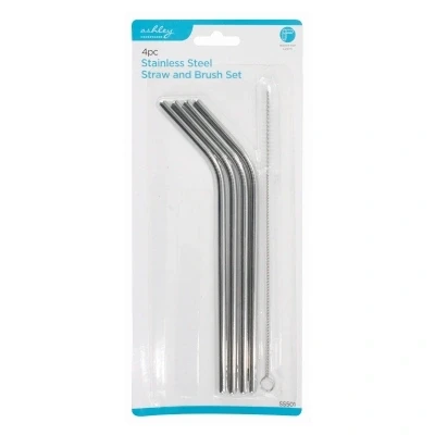 Image of 4pc 21cm Stainless Steel Straws &amp; Cleaning Brush Set By Ashley
