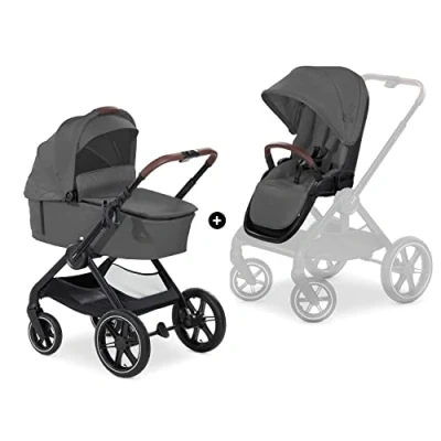 Image of hauck Walk N Care Set, Dark Grey 2 in 1 Pram &amp; Pushchair with Raincover from Birth to 22 kg, Frame Cup Holder, Carrycot Toddler Seat, Height Adjustable, Compact Foldable, UPF 50+, Lie Flat