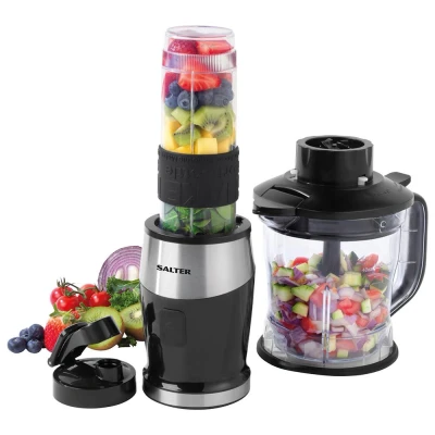 Image of Salter EK5029 2 in 1 Electric Jug Blender &amp; Mini Chopper 1.2L Bowl, 570ml Drinks Bottle for Sports/Gym, Dual Function Processor, Smoothies/Sauce, BPA Free, Mix Chop Dips/Salsa, One Touch Operation