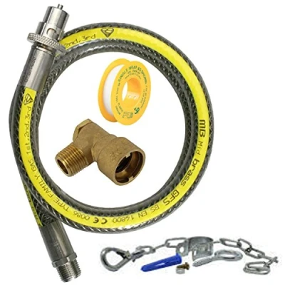 Image of SPARES2GO Universal Oven Cooker Gas Supply Pipe Hose, PTFE Tape, Safety Chain &amp; Angled Connector Kit (3ft 1/2 inch, Straight Bayonet, BS EN14800 CE)