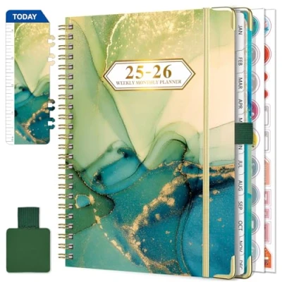 Image of Diary 2025 2026 Week to View A5 Academic July June (12 Months) Planner with Self adhesive pen loop, Ruler Bookmark &amp; Stickers (Green)