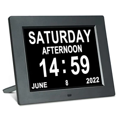 Image of 8 Inch Medication Reminder Day Date Time of The Week Clock Digital Calendar Dementia Memory Loss for Seniors Elderly Impaired Vision (Black)