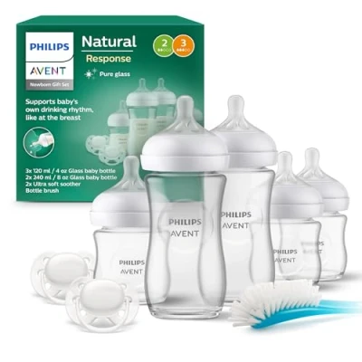 Image of Philips Avent Natural Response Newborn Glass Gift Set 5 x Baby Bottles, 2 Ultra Soft Soother 0 6 Months, Bottle Brush, BPA Free (Model SCD879/11)