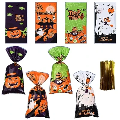 Image of 200PCS Halloween Candy Treat Bags, Clear Cellophane Goodies Bags with Twist Ties, Trick or Party Gift Supplies for Kids Snacks Cookies Popcorn