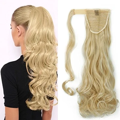 Image of Ponytail Hair Extensions Clip in Curly 17&quot; One Piece Wavy Hairpiece Synthetic Wrap Around Bleach Blonde(Length:43cm,Weight:90g)