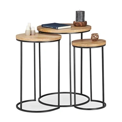 Image of Relaxdays Nested Set of 3, Round Tabletops, 3 Sizes, Metal and Mango Wood, Side Table, Natural, Grundartikel
