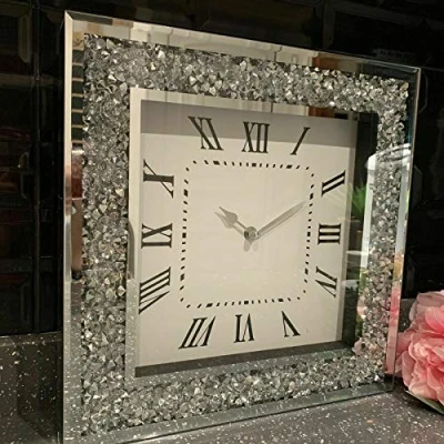 Image of DEENZ Extra Large Loose Diamante Wall Clock Elegant Luxury Diamond Crystal Mirror Crushed Jewel Roman For Home Office Living Room Bedroom Decoration 50X50cm silver