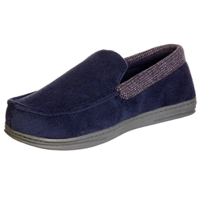 Image of Isotoner Men&#039;s Microterry and Waffle Travis Moccasin Slipper, Navy Blue