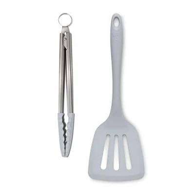 Image of Zeal JSET3S Non Stick Silicone Cooking Turner &amp; Food Tongs 2 Piece Set French Grey