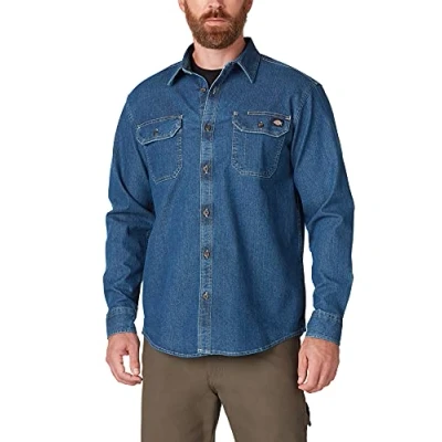 Image of Dickies Men&#039;s Flex Long Sleeve Shirt Button, Medium Denim Wash, S