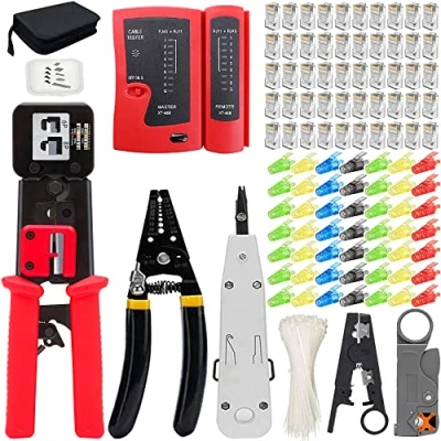 Image of MAYLINE Crimper RJ45 Crimping Tool Network Cable Tester Kits Professional Net Computer Repair Tools Maintenance LAN Tester, Cat5 Cat6 Cat7 Set (Red)