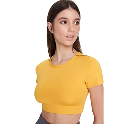 Image of Trendyol Women&#039;s Woman Sportswear Fitted Standard Crew Neck Knit Blouse Shirt, Apricot, XS UK