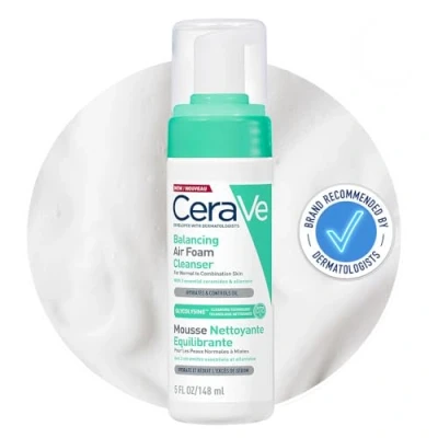 Image of CeraVe Balancing Air Foam Foaming Facial Cleanser for Oil Control and Hydration Normal to Combination Skin With Glycolysine Cleansing Technology, 3 Essential Ceramides, 150 ml