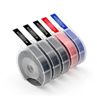 Image of Meritom 5X Comaptible Dymo Embossing Label Tape 9mm for Omega Junior S0717930 S0717900, 3D Plastic Adhesive Home Embosser E101 E202 E303, White on Black/Blue/Red